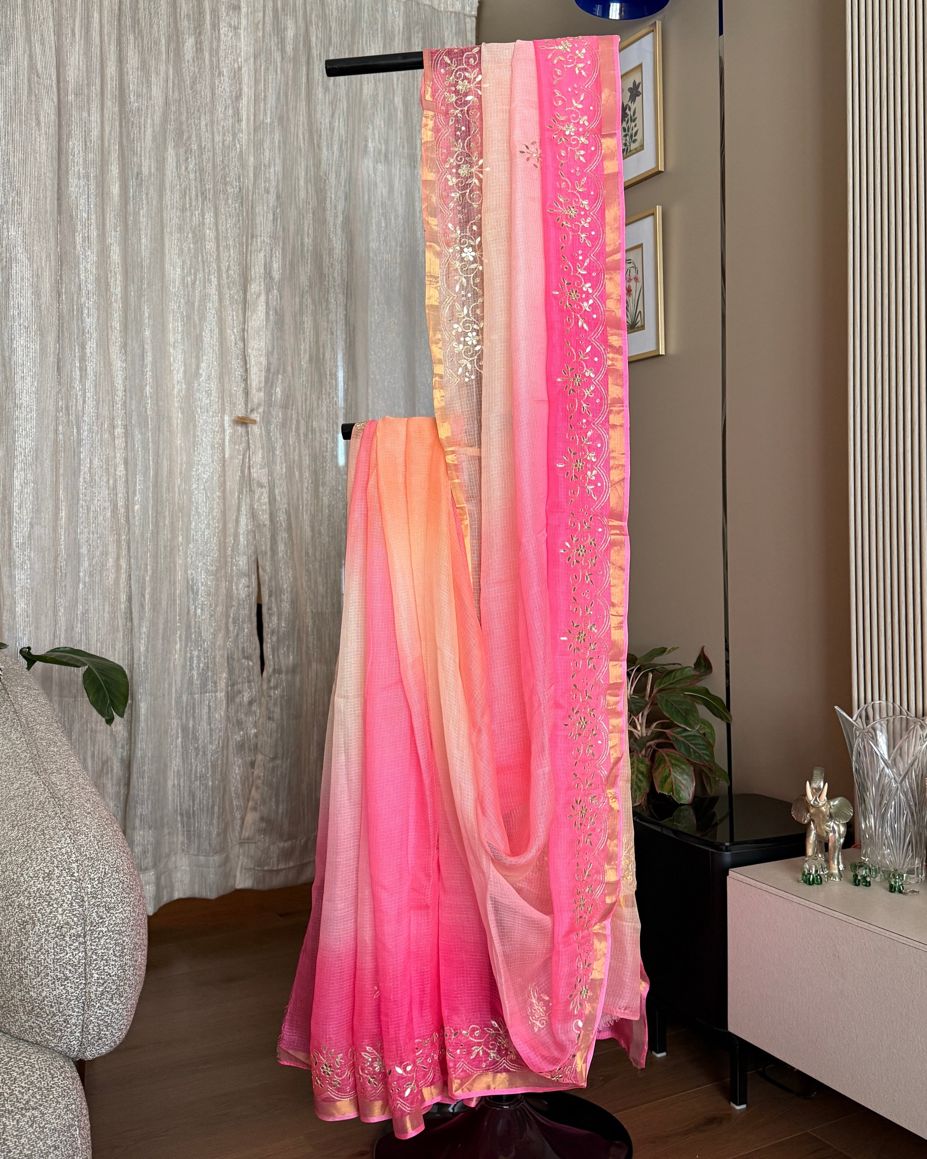 Shaded Kota Silk Gota Work Saree in Peach Pink