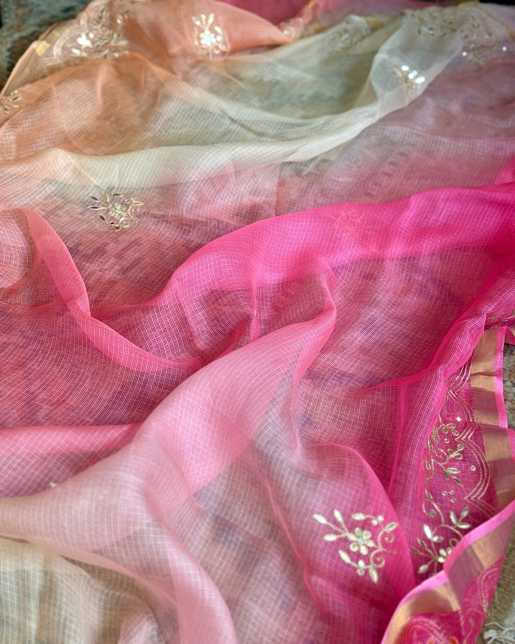 Shaded Kota Silk Gota Work Saree in Peach Pink