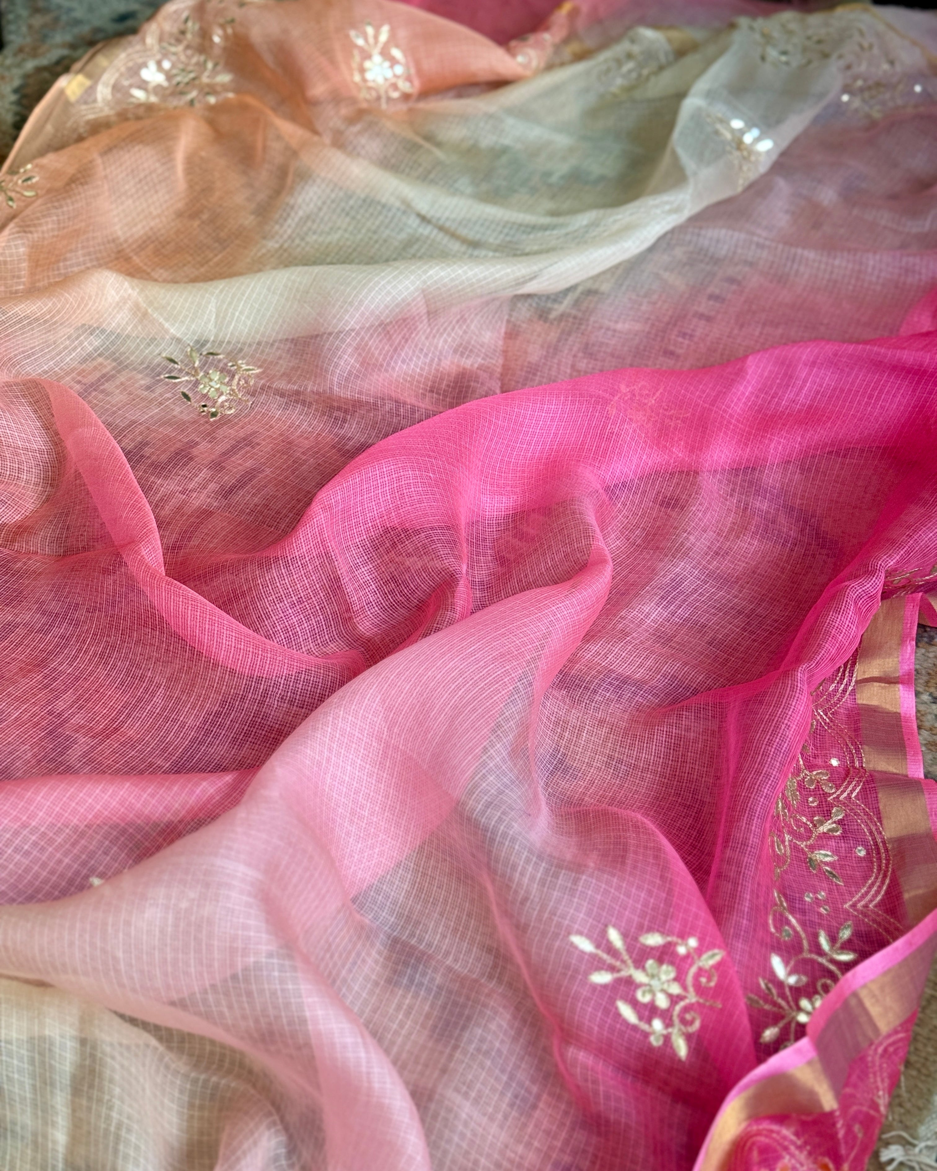 Shaded Kota Silk Gota Work Saree in Peach Pink