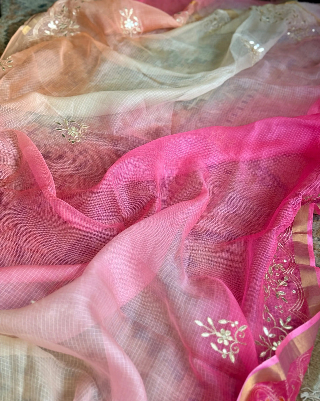 Peach Pink Gota Patti Kota Silk Saree with gota patti and zari borders, full saree
