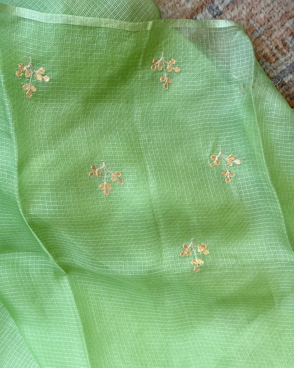 Green Gota Patti Kota Silk Saree, fabric close-up