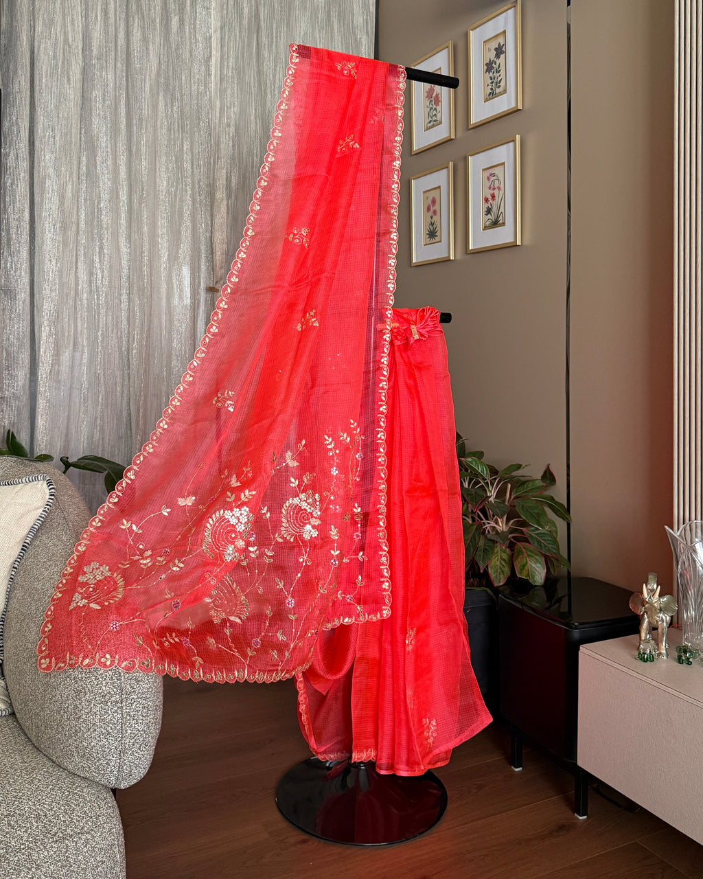 Kota Silk Embroidered Saree in Vermillion