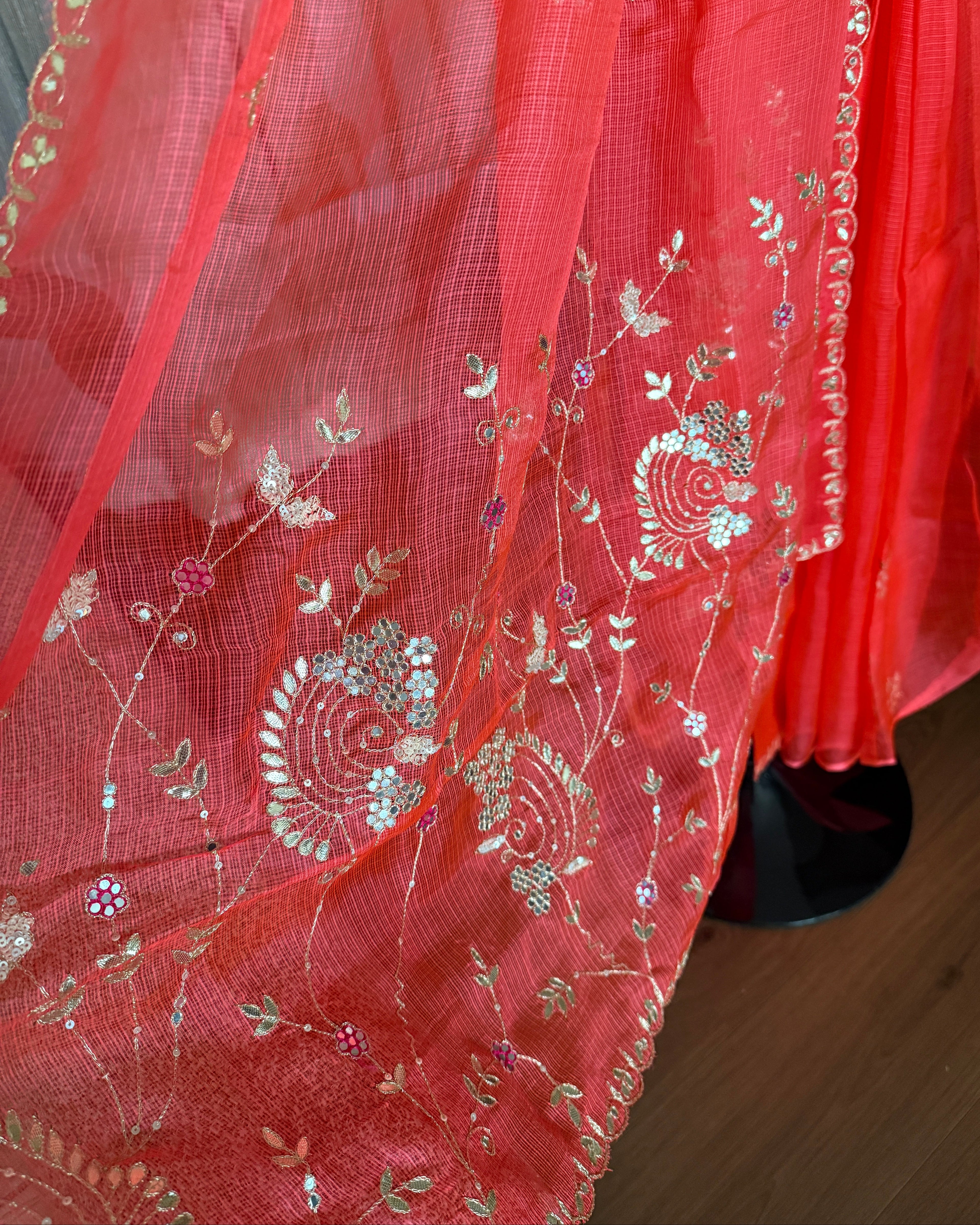 Kota Silk Embroidered Saree in Vermillion