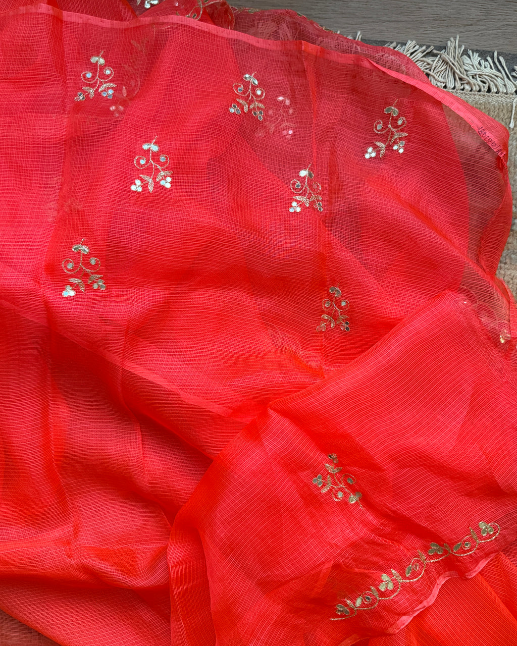 Kota Silk Embroidered Saree in Vermillion