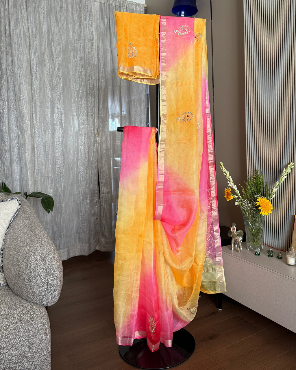 Shaded Kota Silk Gota Work Saree in Yellow Pink