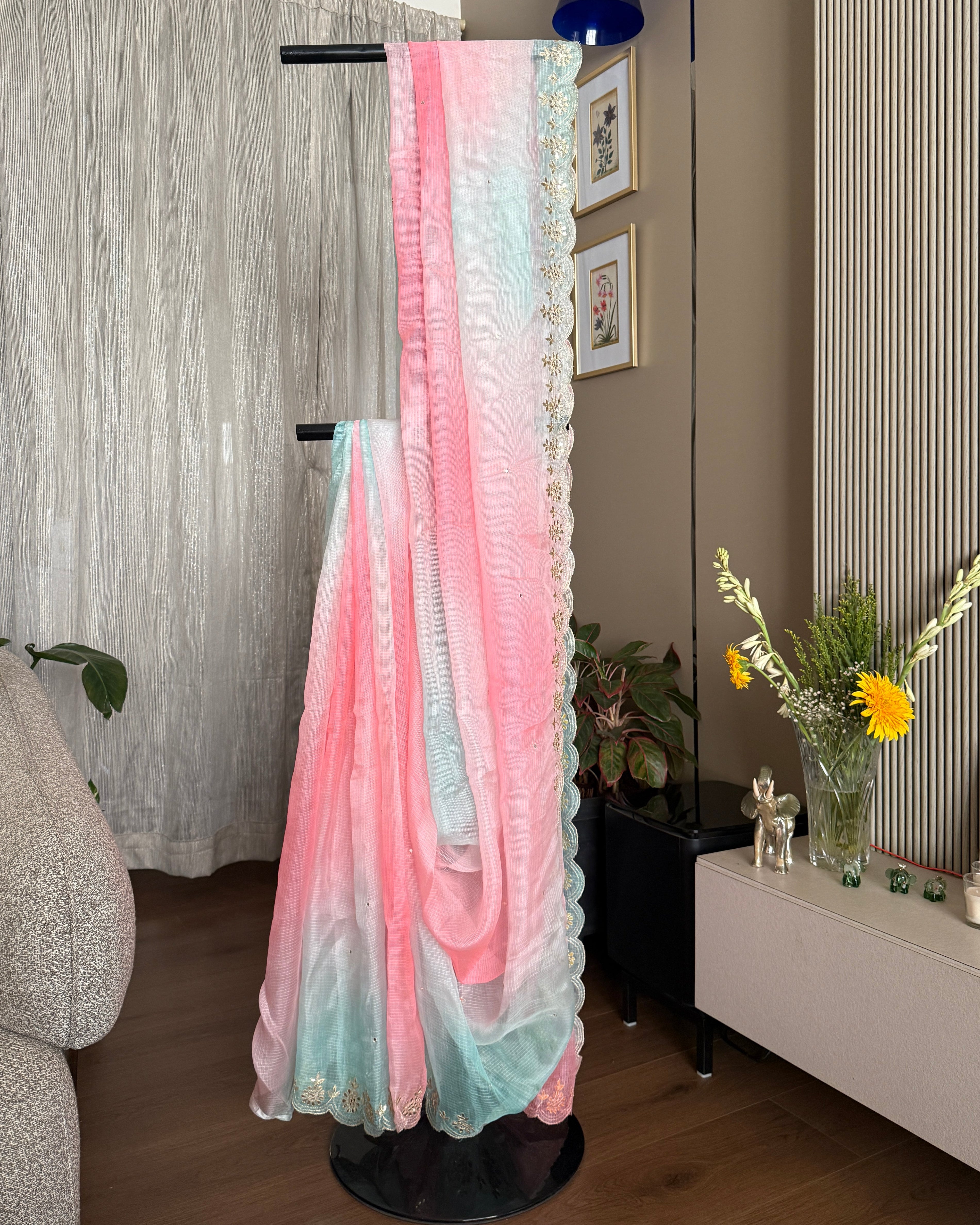 Shaded Kota Silk Gota Work Saree in Blue Pink