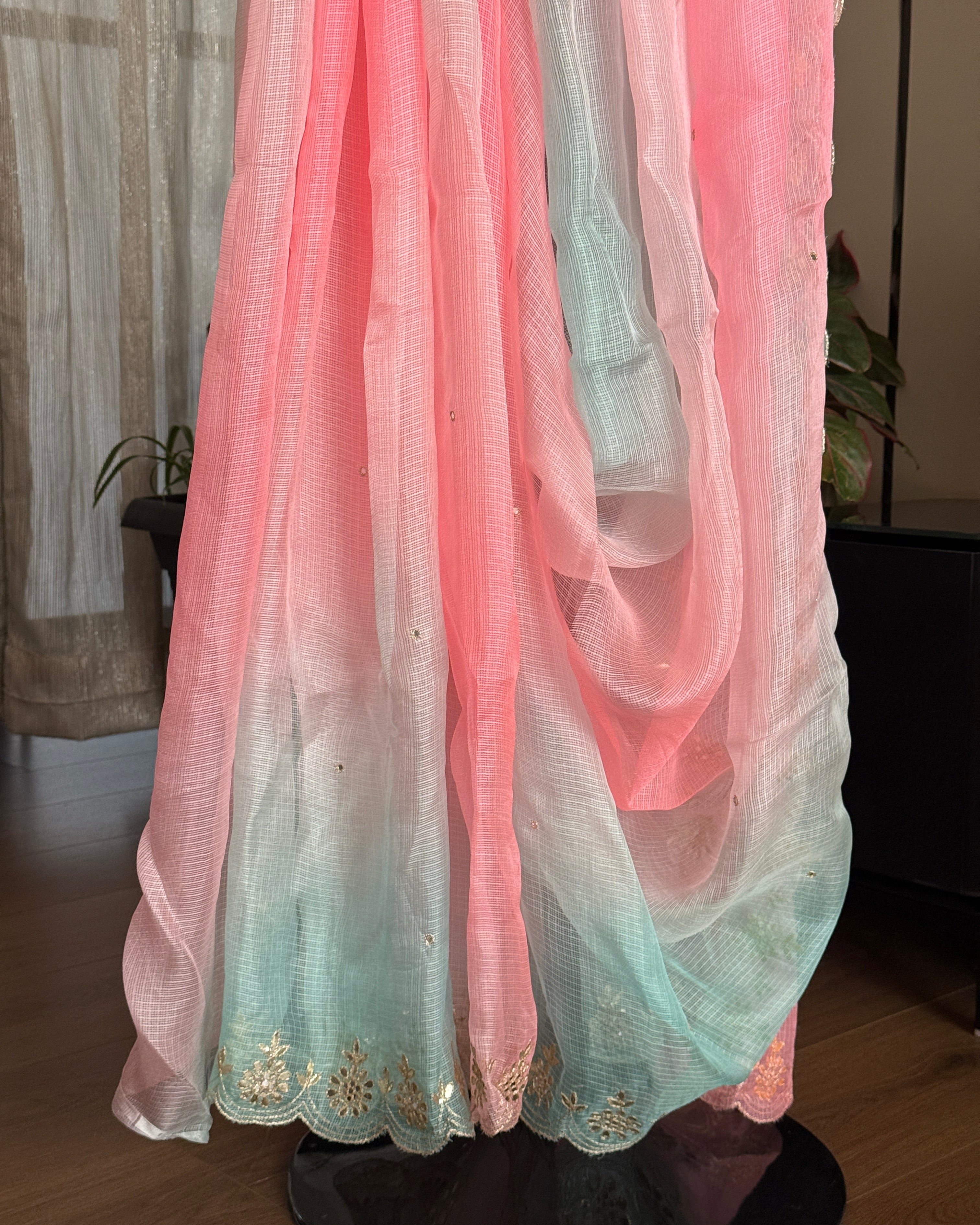 Shaded Kota Silk Gota Work Saree in Blue Pink