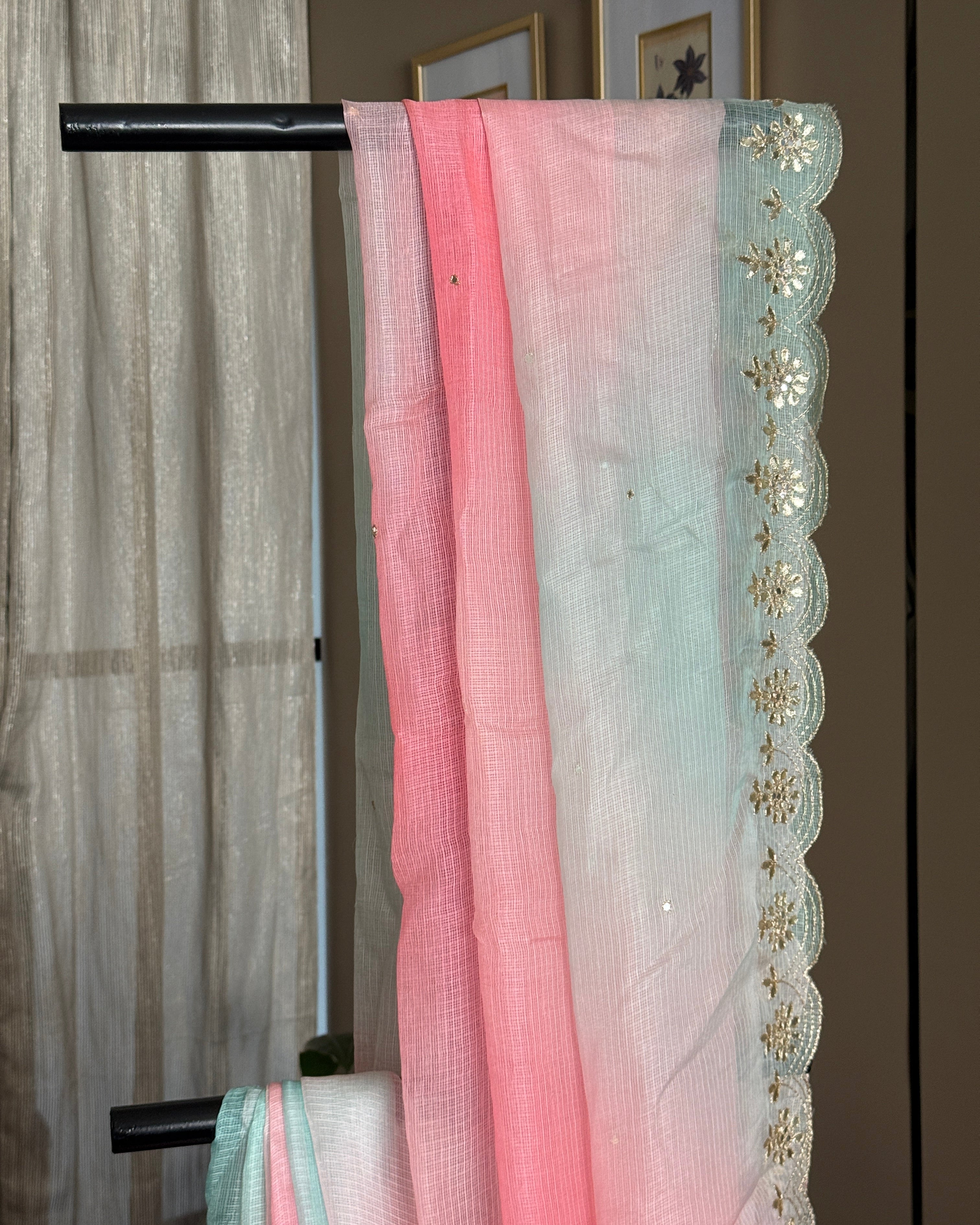 Shaded Kota Silk Gota Work Saree in Blue Pink