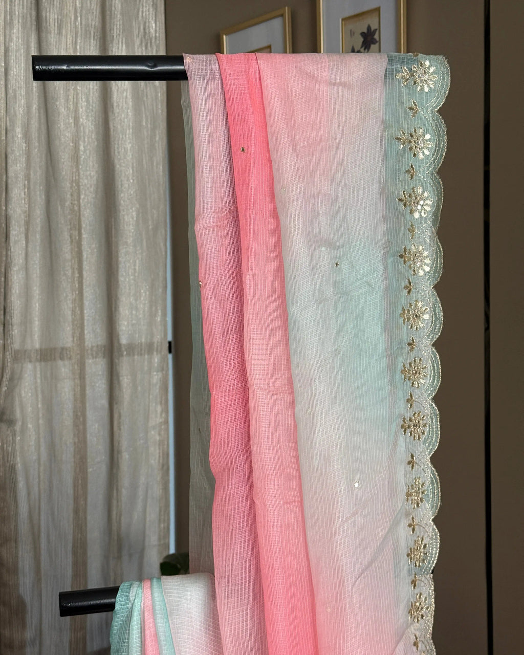 Blue Pink Gota Patti Kota Silk Saree, detail view
