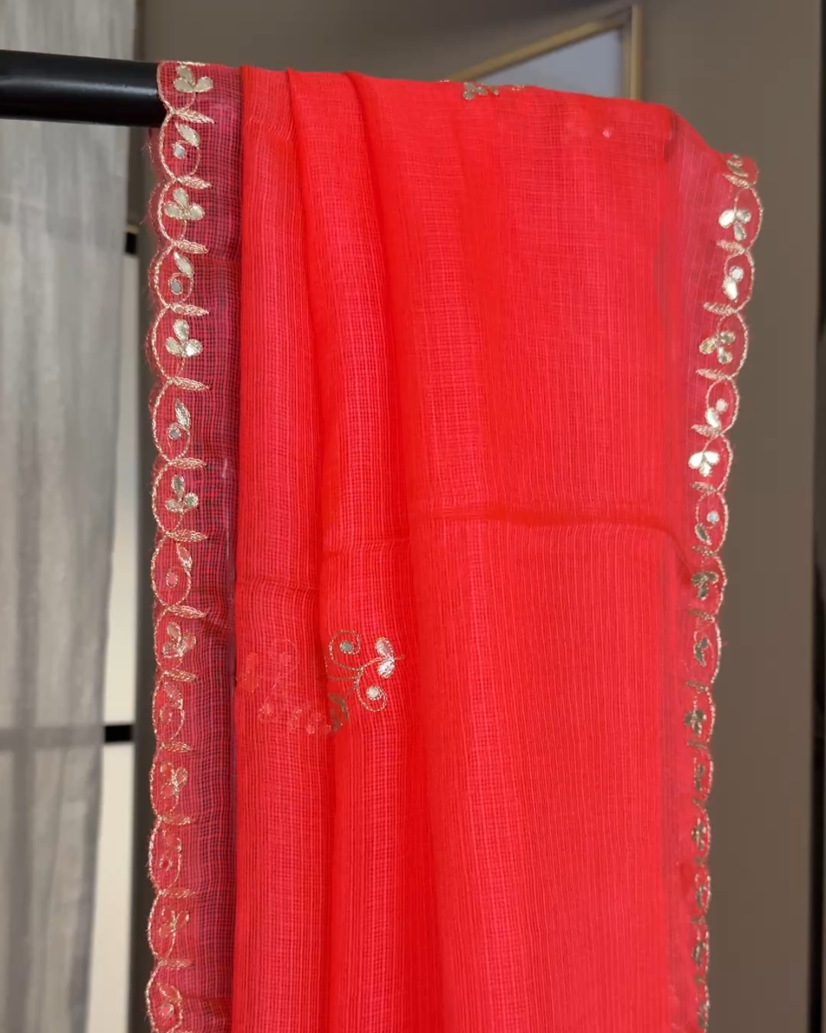 Kota Silk Embroidered Saree in Vermillion