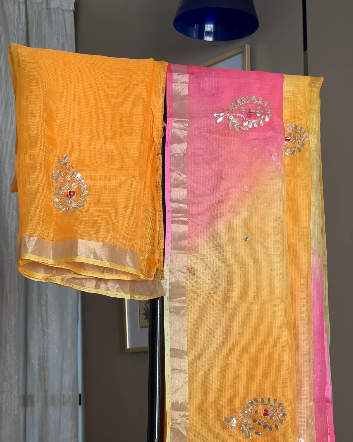 Shaded Kota Silk Gota Work Saree in Yellow Pink