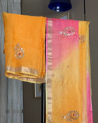 Yellow Pink Gota Patti Kota Silk Saree, craft and fabric detail