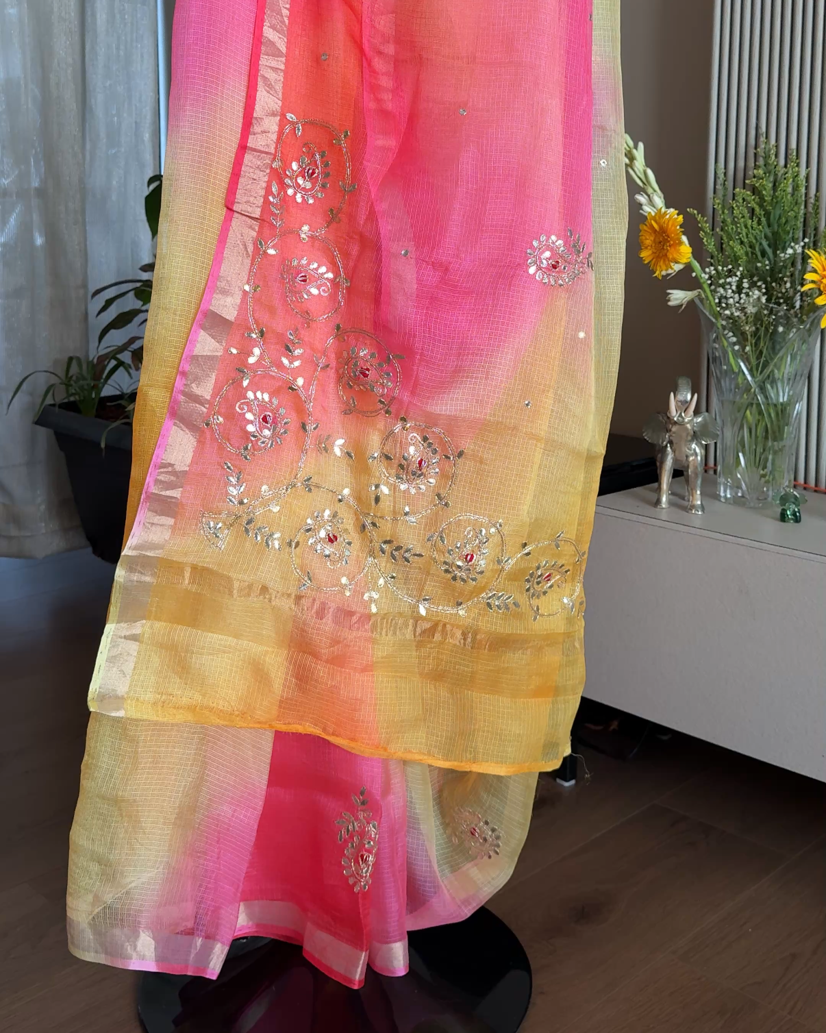 Shaded Kota Silk Gota Work Saree in Yellow Pink