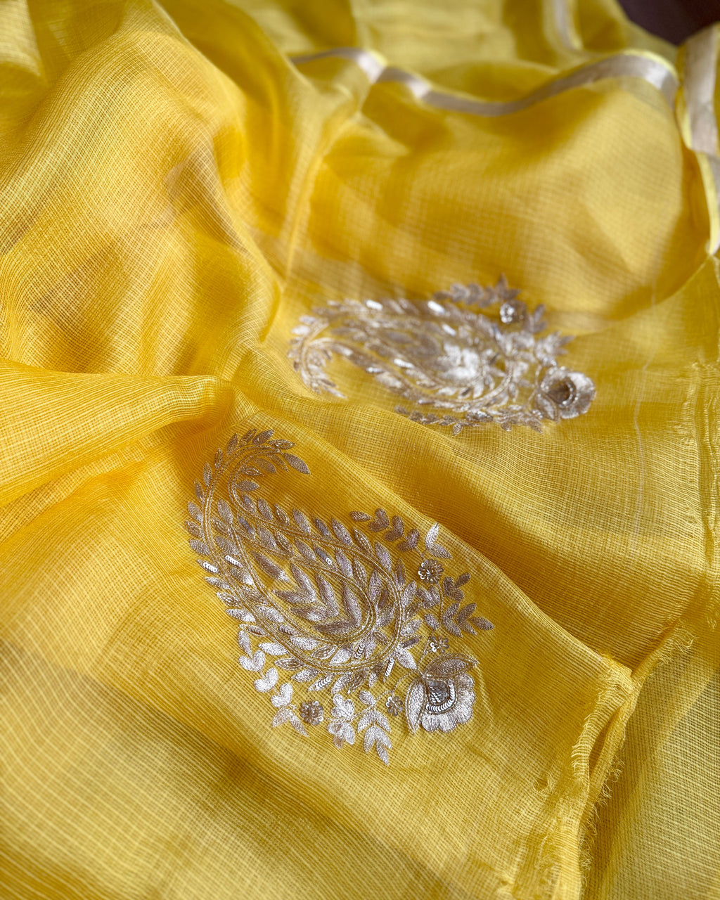Kota Silk Hand Embroidered Saree in Yellow