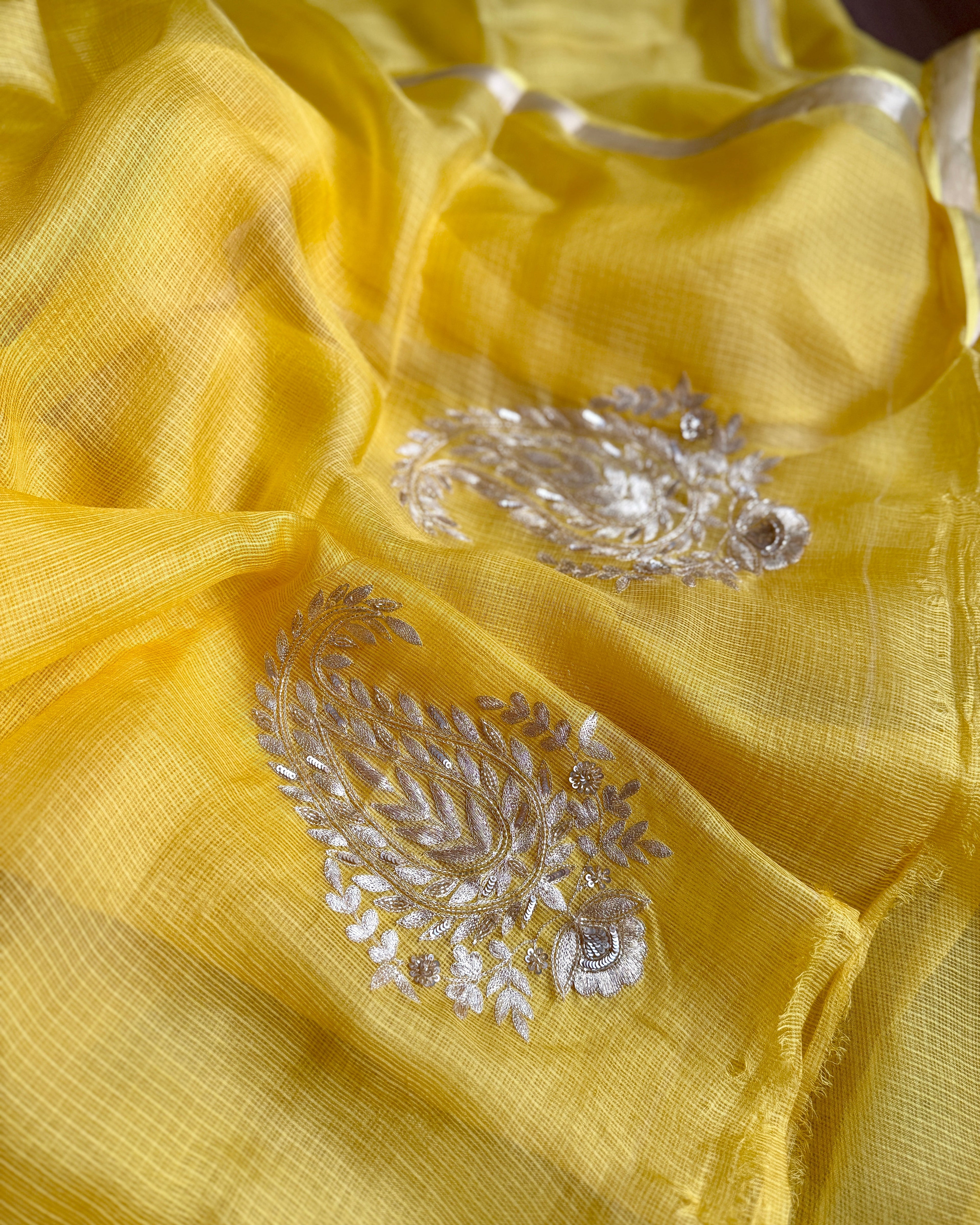 Kota Silk Hand Embroidered Saree in Yellow