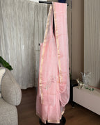 Blush Hand-Embroidered Kota Silk Saree with hand embroidered and zari borders, full saree