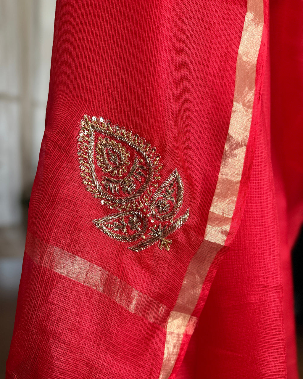 Kota Silk Hand Embroidered Saree in Red