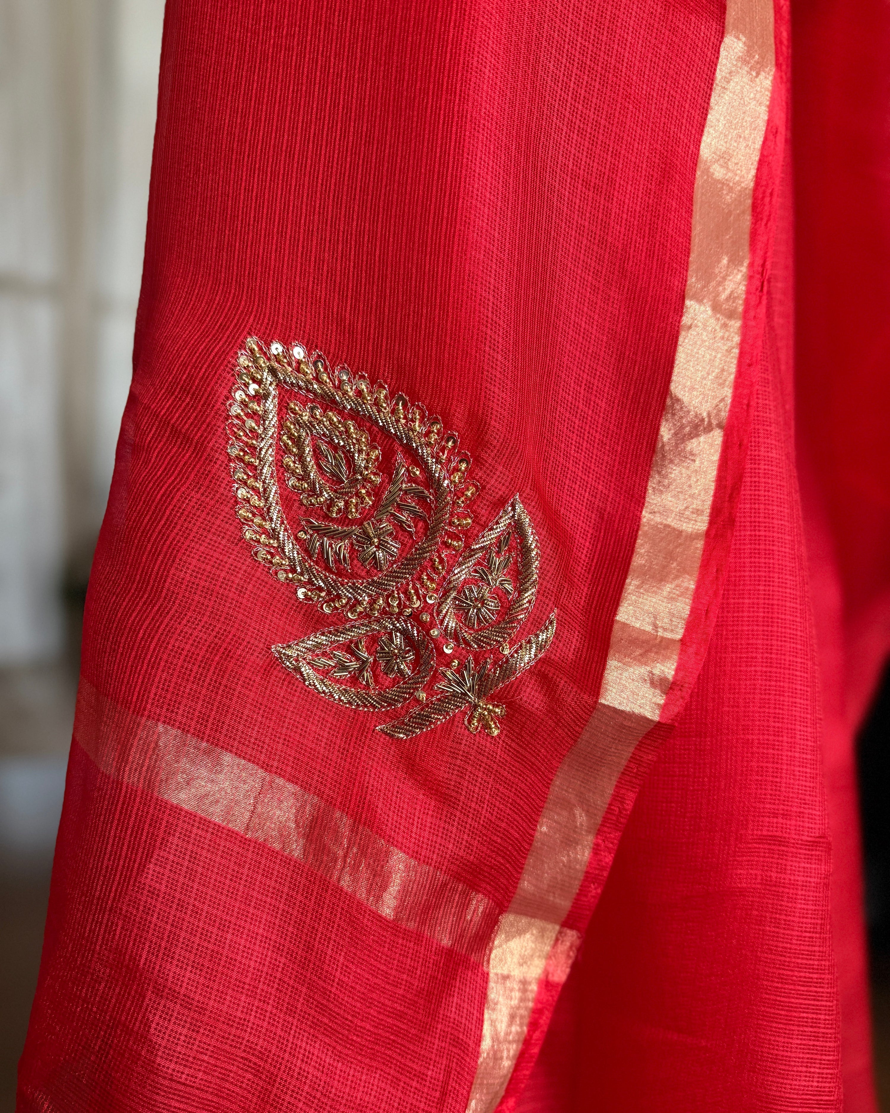 Kota Silk Hand Embroidered Saree in Red