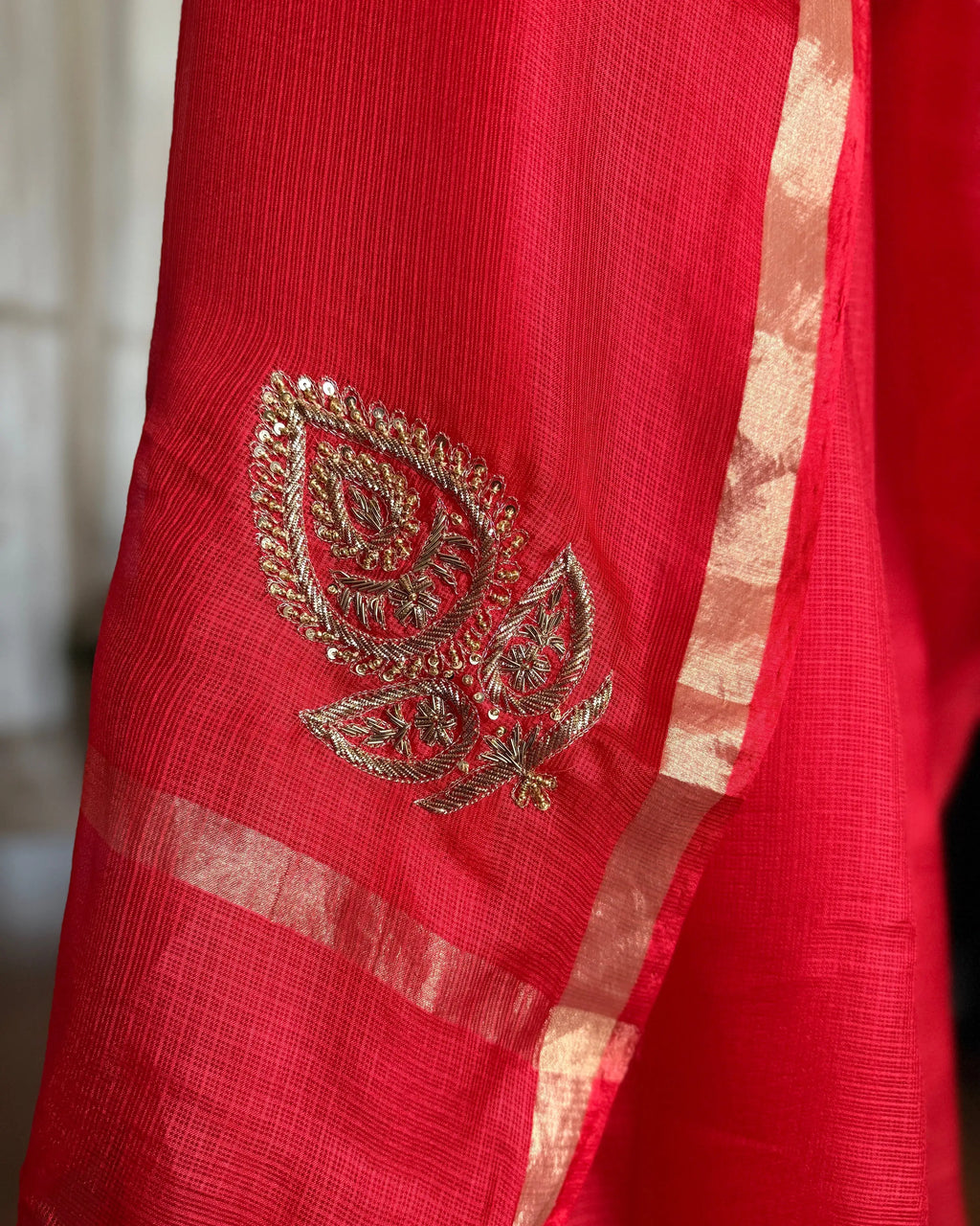 Red Hand Embroidered Kota Silk Saree, detail view