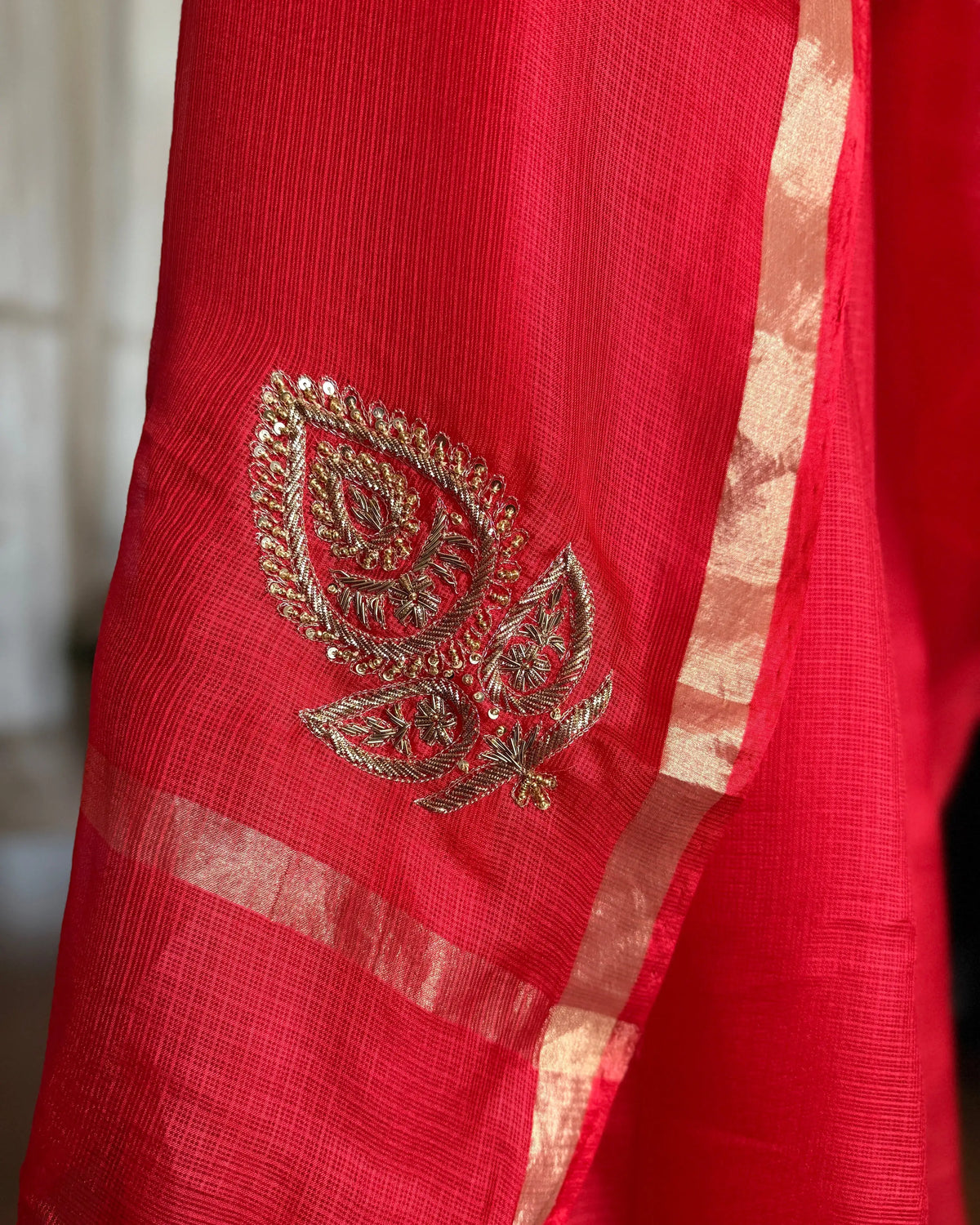 Red Hand Embroidered Kota Silk Saree, detail view