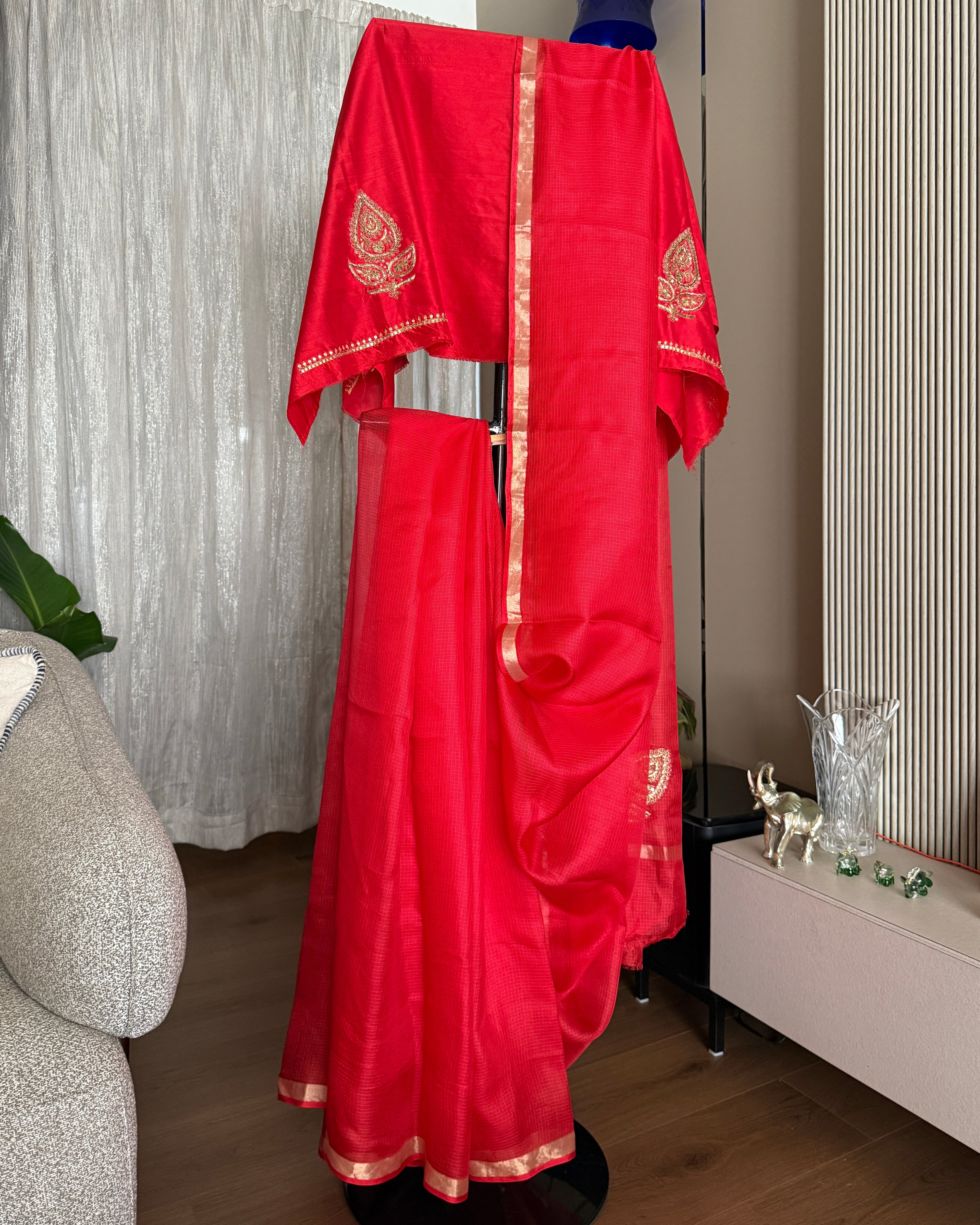 Kota Silk Hand Embroidered Saree in Red