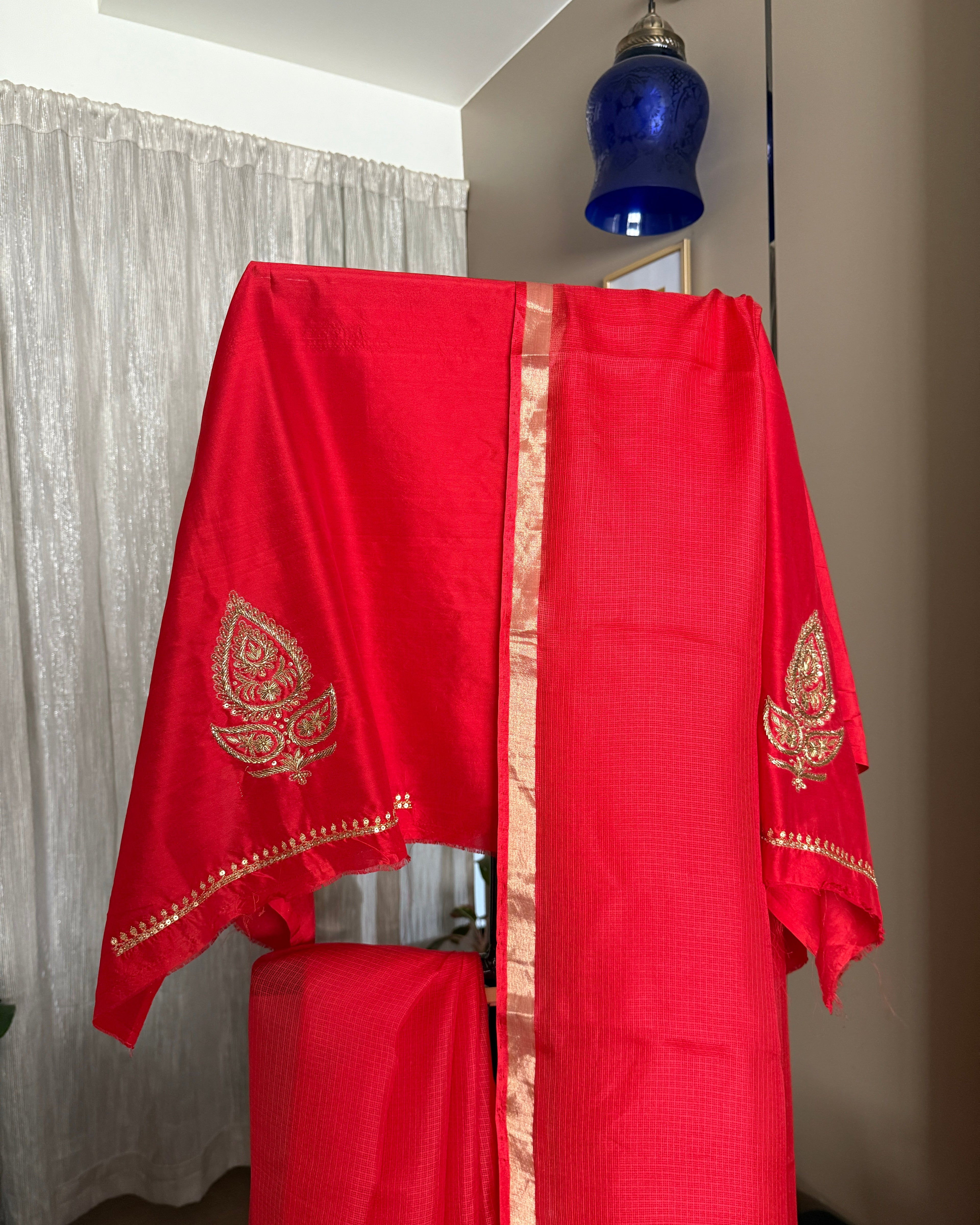 Kota Silk Hand Embroidered Saree in Red