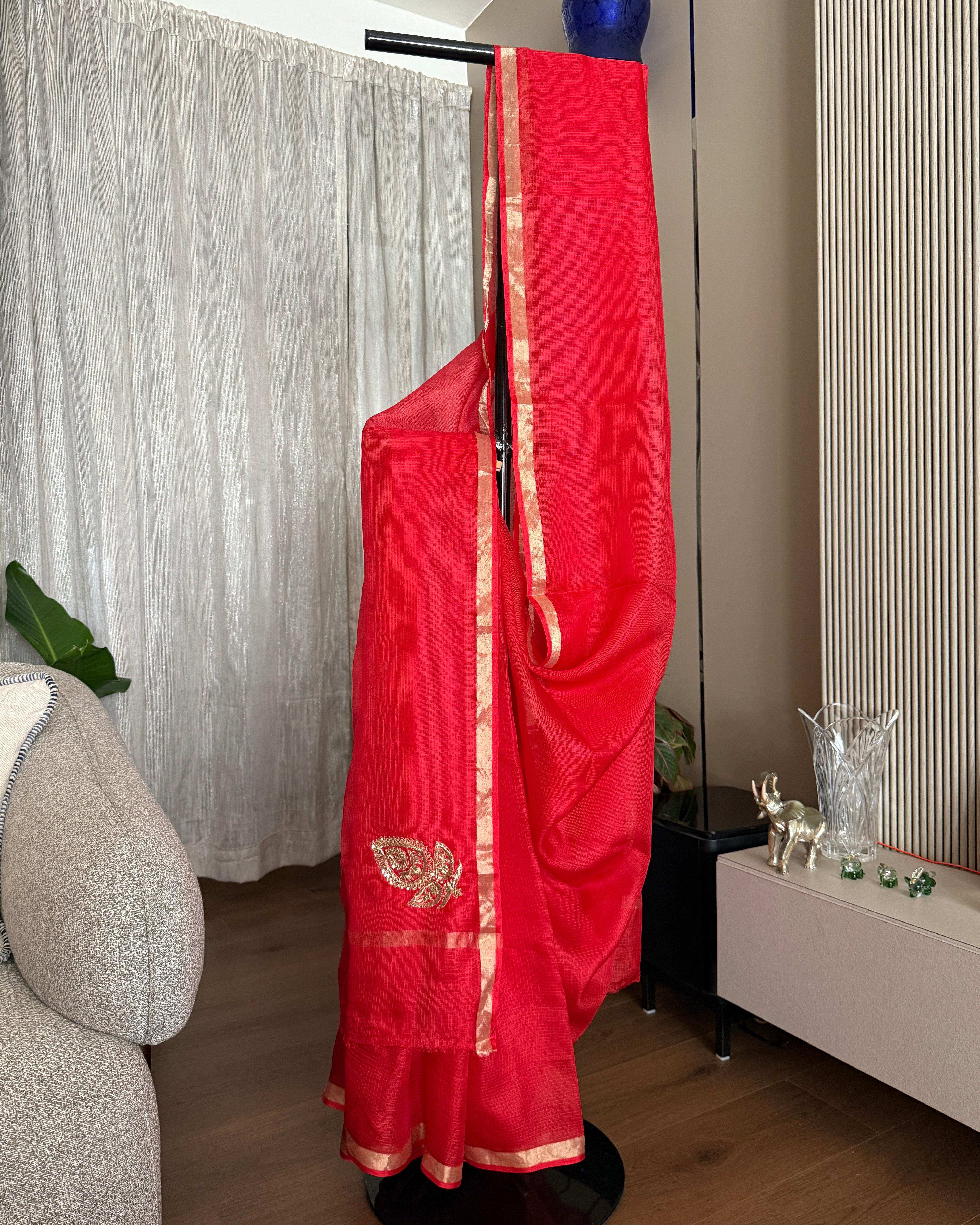 Kota Silk Hand Embroidered Saree in Red