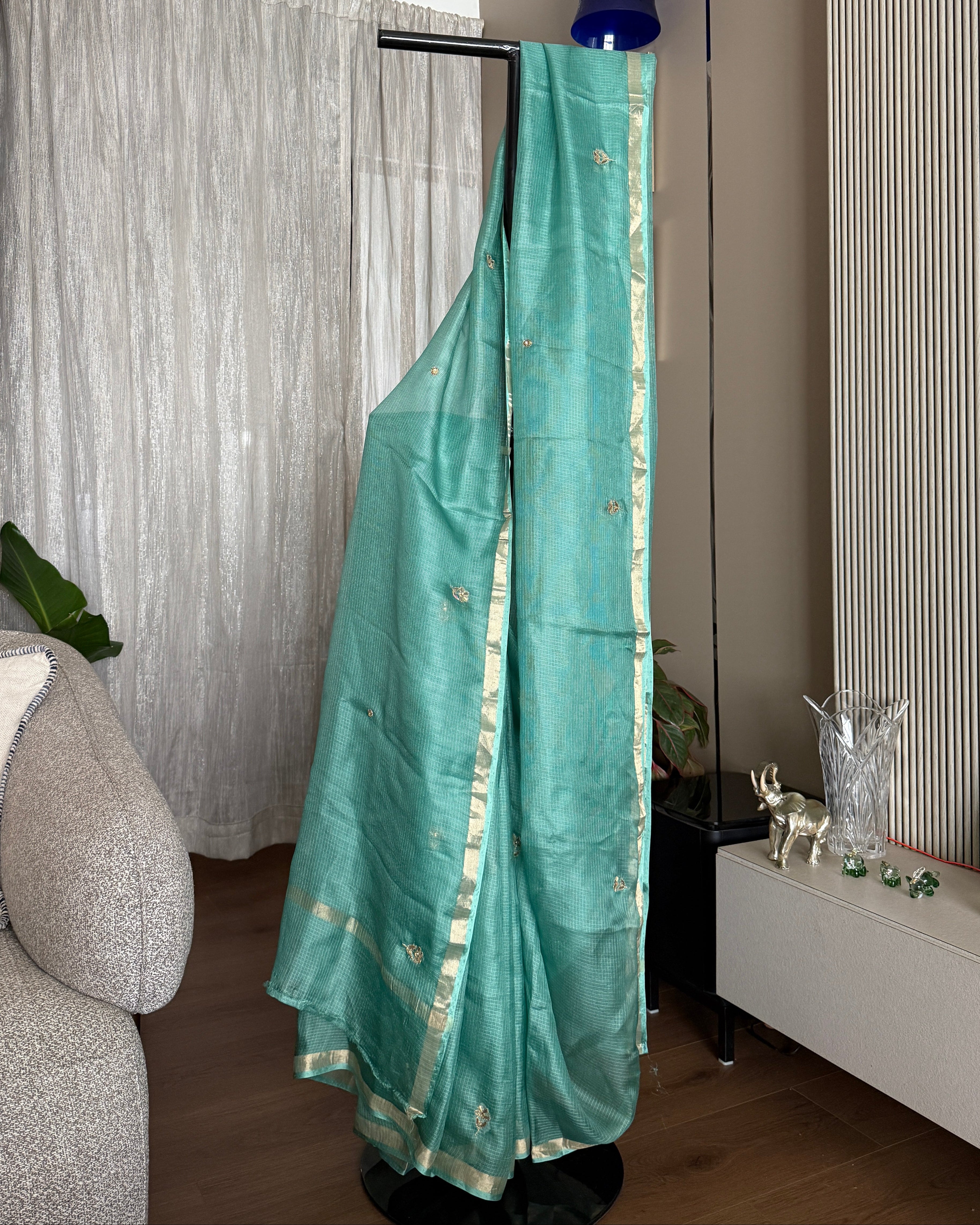 Kota Silk Hand Embroidered Saree in Teal