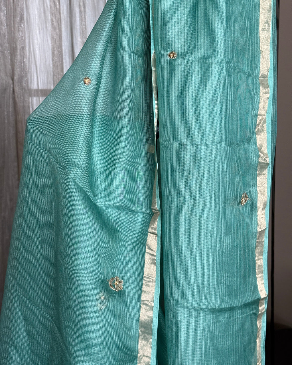 Kota Silk Hand Embroidered Saree in Teal