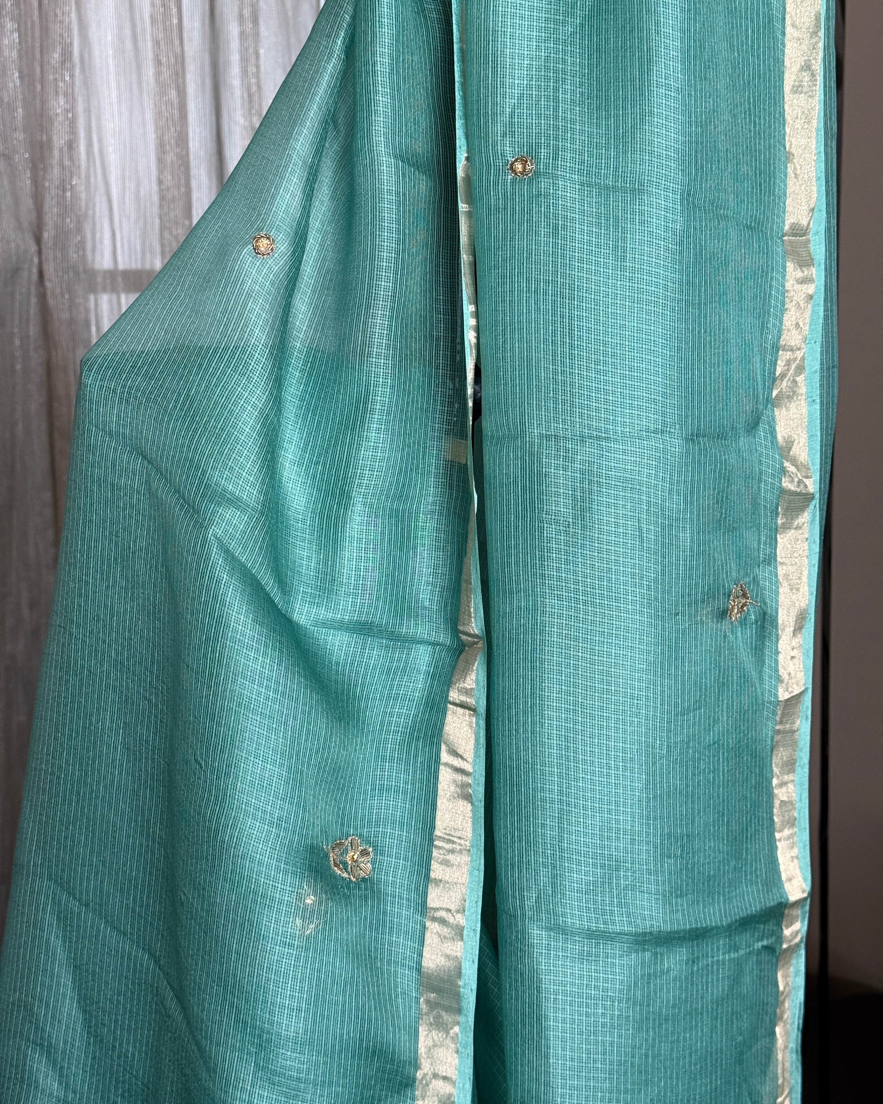 Kota Silk Hand Embroidered Saree in Teal