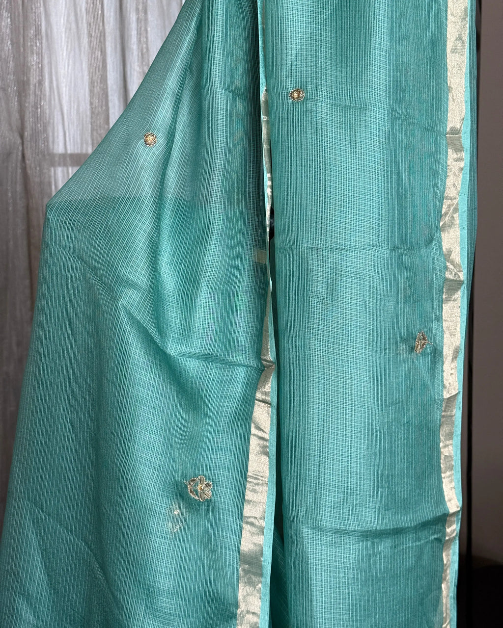 Teal Hand Embroidered Kota Silk Saree, craft and fabric detail