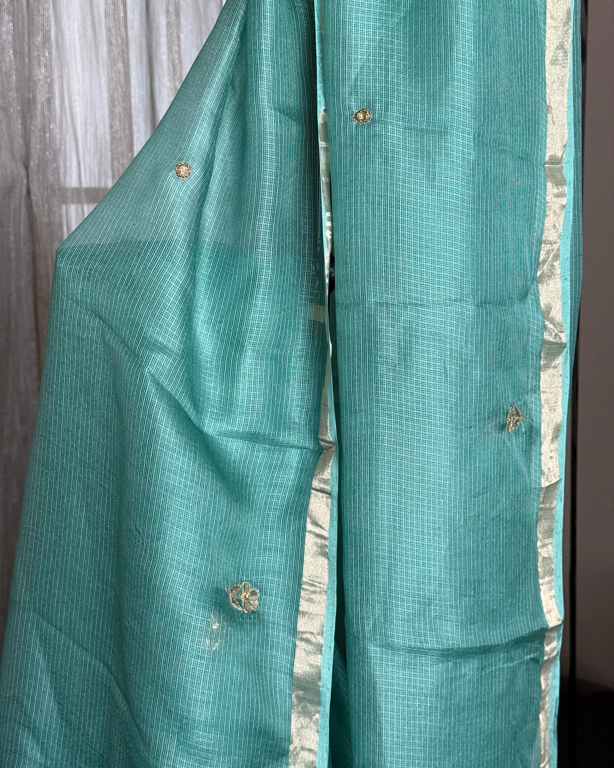Teal Hand Embroidered Kota Silk Saree, craft and fabric detail