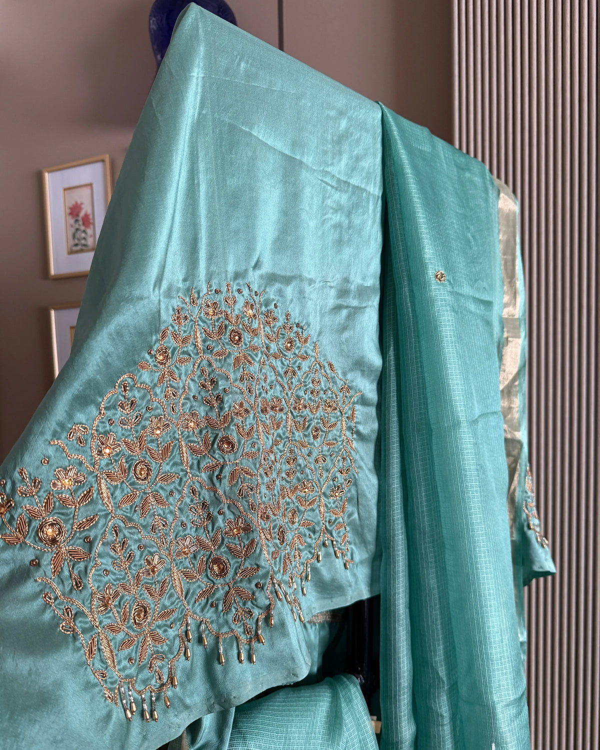 Teal Hand Embroidered Kota Silk Saree, detail view