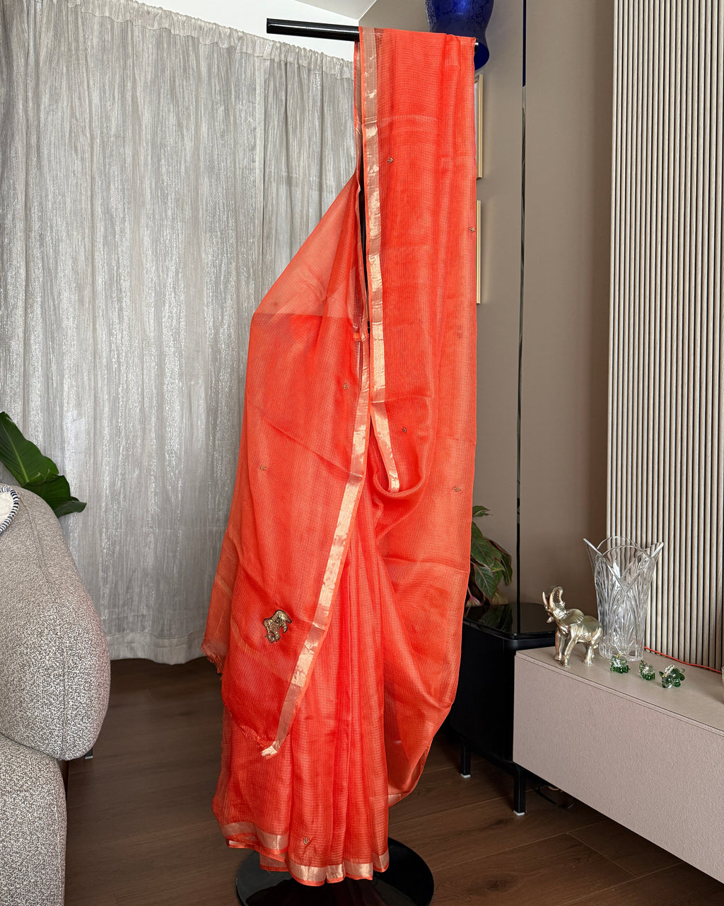 Kota Silk Hand Embroidered Saree in Orange