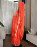 Orange Hand-Embroidered Kota Silk Saree with hand embroidered and zari borders, full saree