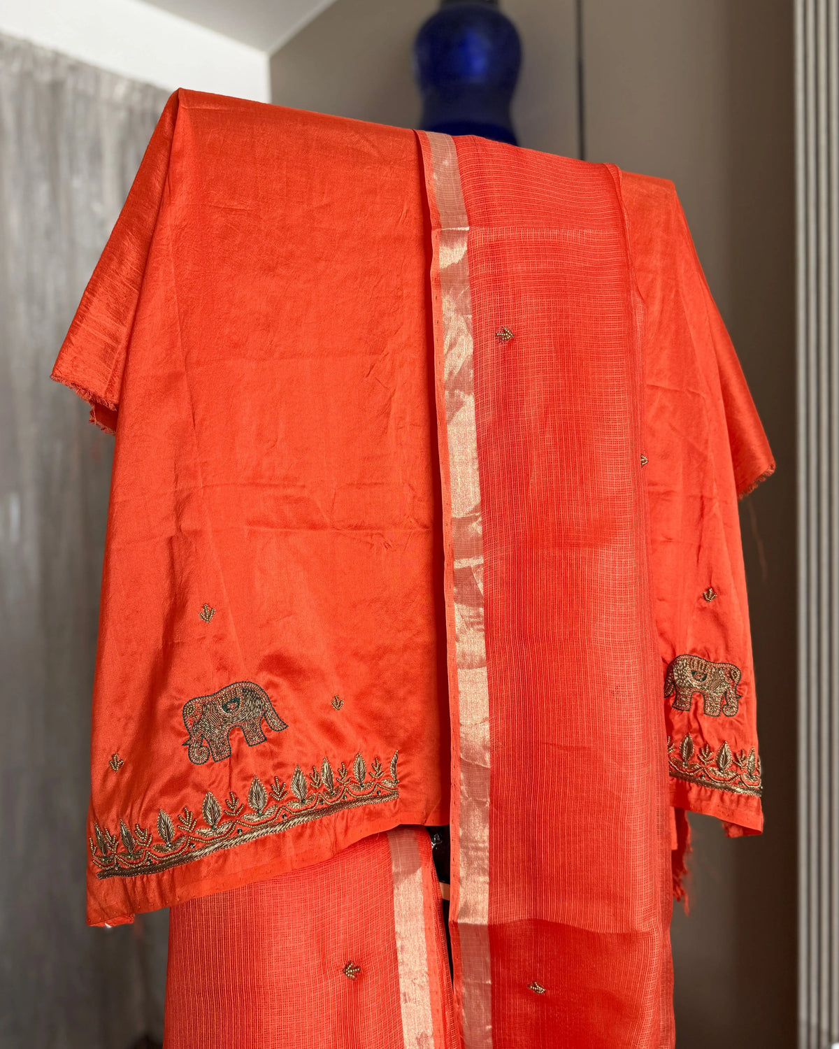 Orange Hand Embroidered Kota Silk Saree, detail view