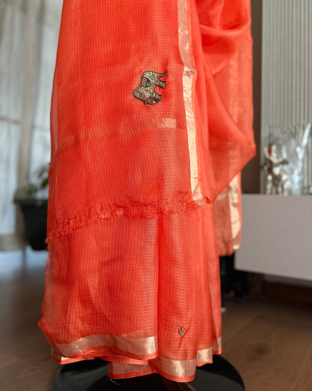 Kota Silk Hand Embroidered Saree in Orange