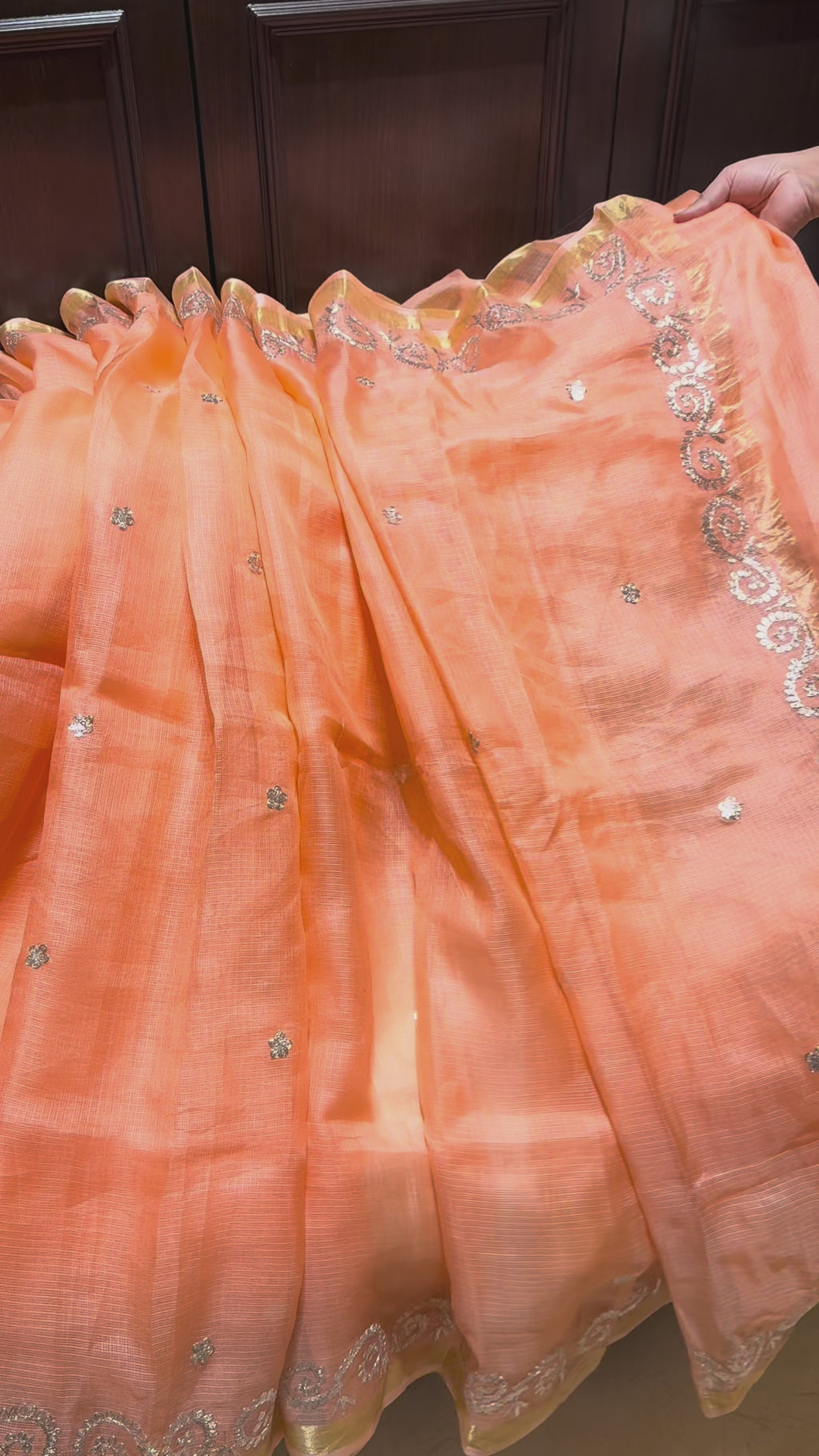 Kota Silk Pita Work Saree in Peach