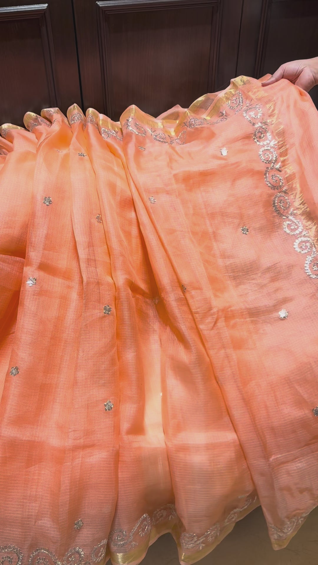 Kota Silk Pita Work Saree in Peach