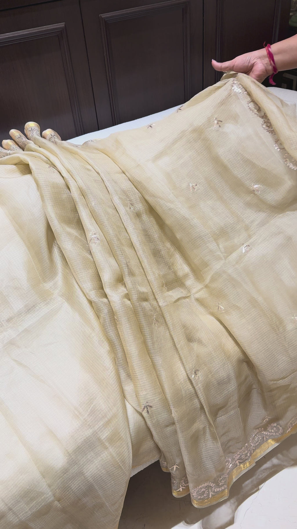 Kota Silk Pita Work Saree in Ivory
